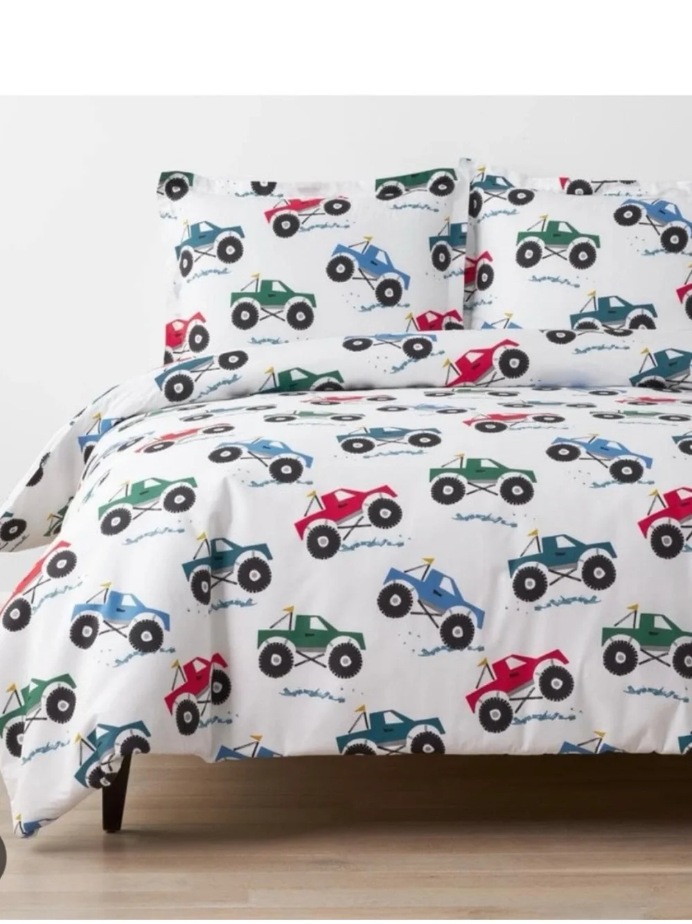 The Company Store Monster Truck Sheets - White with Red, Blue, Green, Black